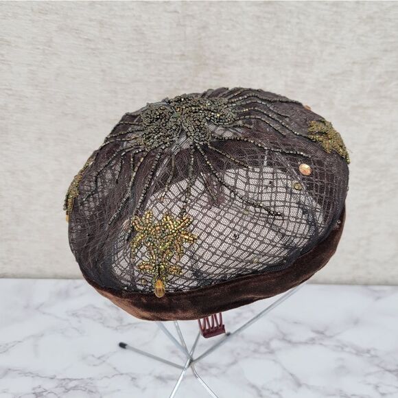 50s Tambour Embroidery Beaded Women's Hat Facinator Pillbox Mesh - Picture 2 of 16
